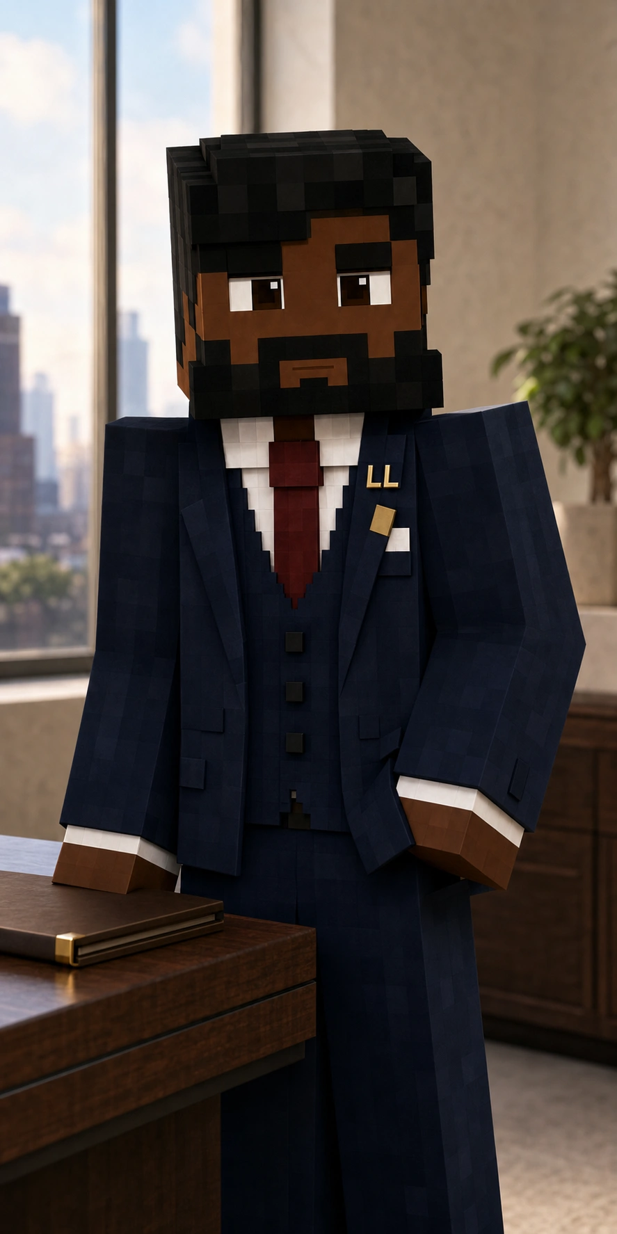 Jalen Locke in a navy suit with a Locke Law lapel pin